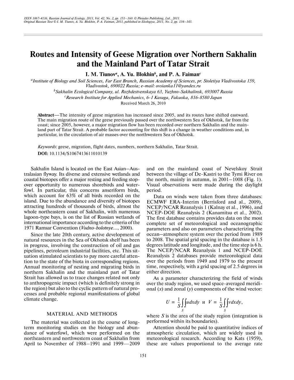 Routes and Intensity of Geese Migration Over Northern Sakhalin and the Mainland Part of Tatar Strait I
