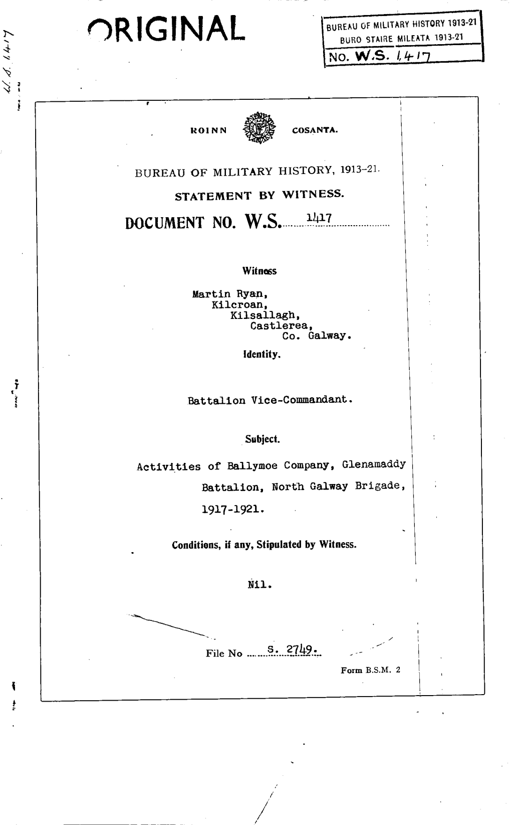 ROINN COSANTA. BUREAU of MILITARY HISTORY, 1913-21. STATEMENT by WITNESS. DOCUMENT NO. WS 1417 Witness Martin Ryan, Kilcroan