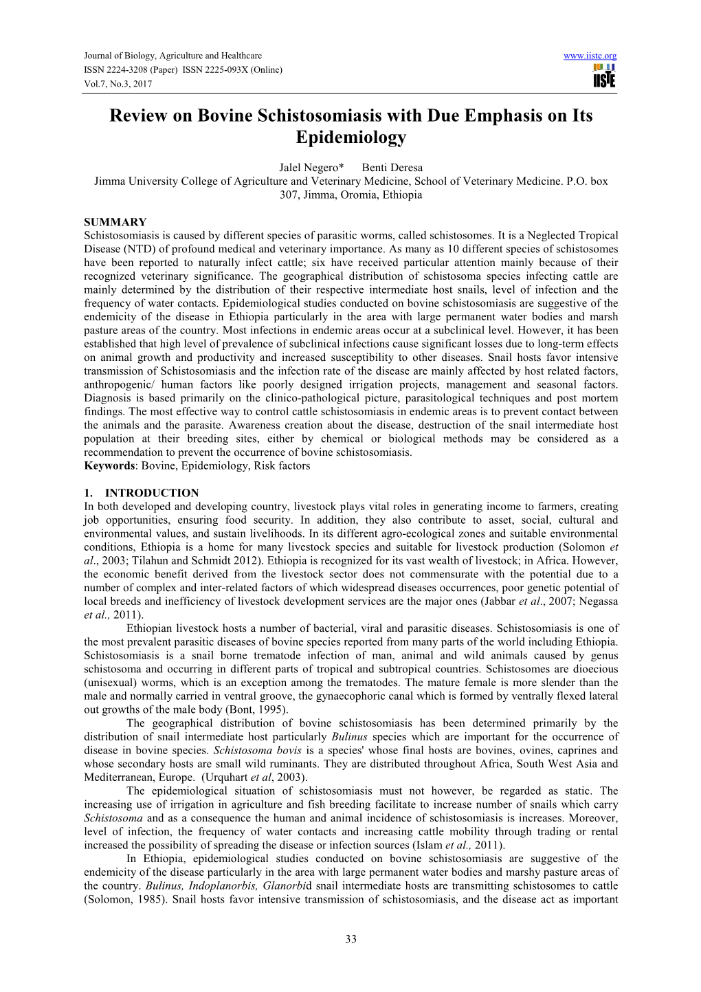 Review on Bovine Schistosomiasis with Due Emphasis on Its Epidemiology