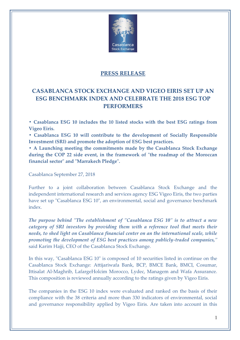 Press Release Casablanca Stock Exchange and Vigeo