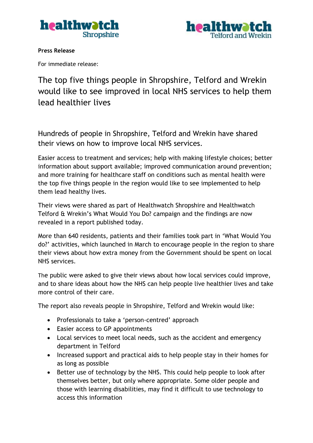 The Top Five Things People in Shropshire, Telford and Wrekin Would Like to See Improved in Local NHS Services to Help Them Lead Healthier Lives