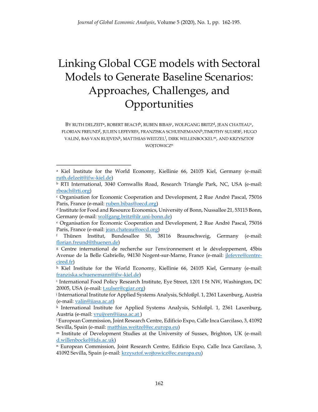 Linking Global CGE Models with Sectoral Models to Generate Baseline Scenarios: Approaches, Challenges, and Opportunities