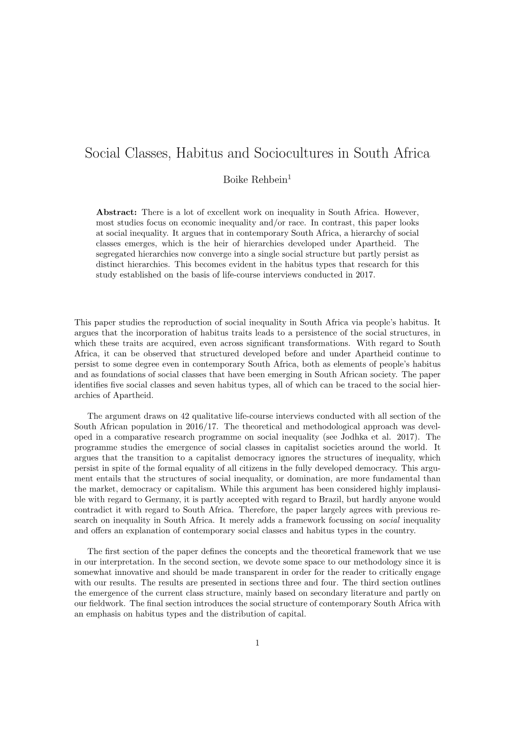Social Classes, Habitus and Sociocultures in South Africa