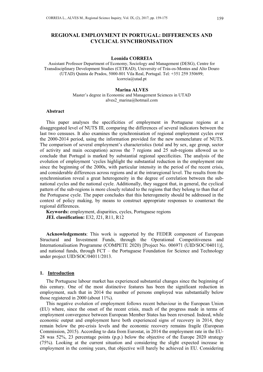 Regional Employment in Portugal: Differences and Cyclical Synchronisation