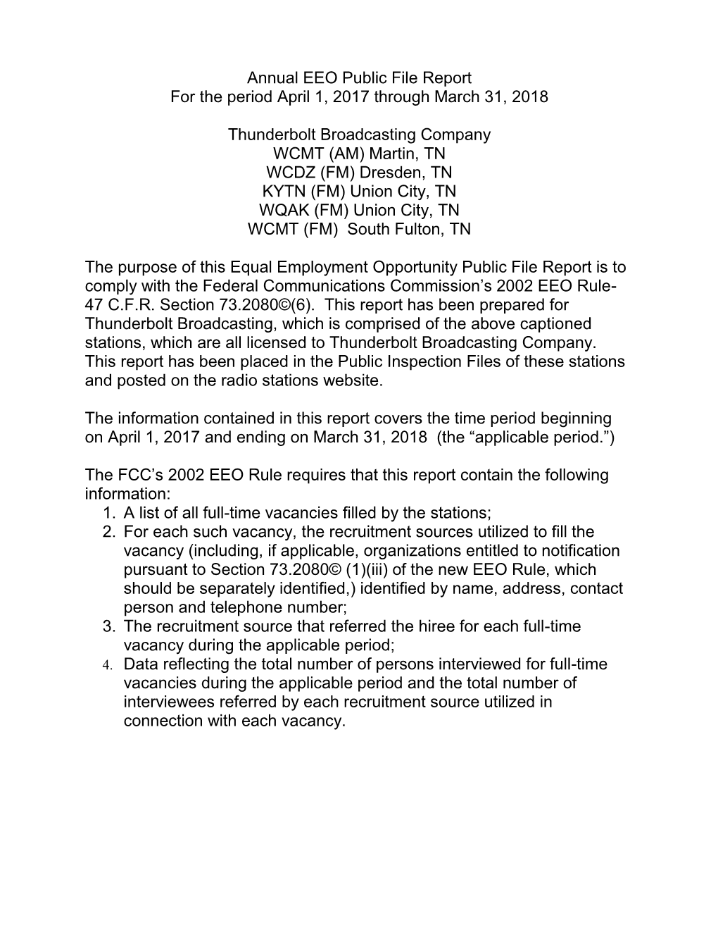 Annual EEO Public File Report for the Period April 1, 2017 Through March 31, 2018