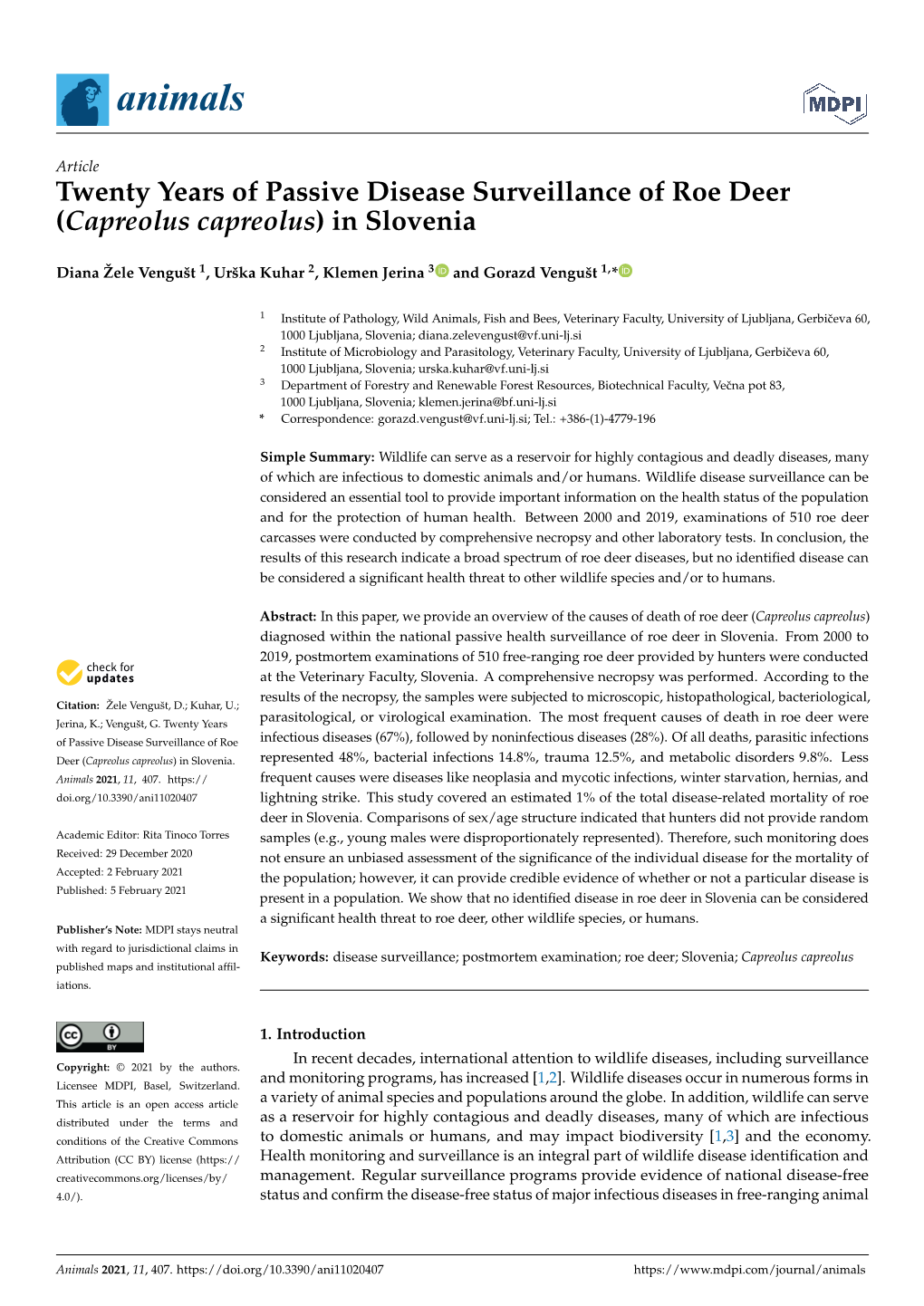 Twenty Years of Passive Disease Surveillance of Roe Deer (Capreolus Capreolus) in Slovenia