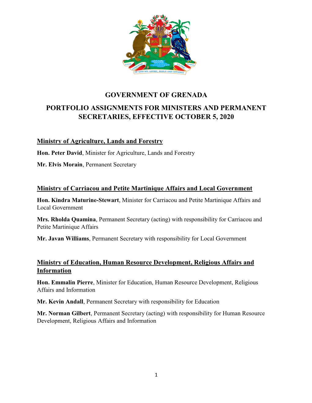 Government of Grenada Portfolio Assignments for Ministers and Permanent Secretaries, Effective October 5, 2020