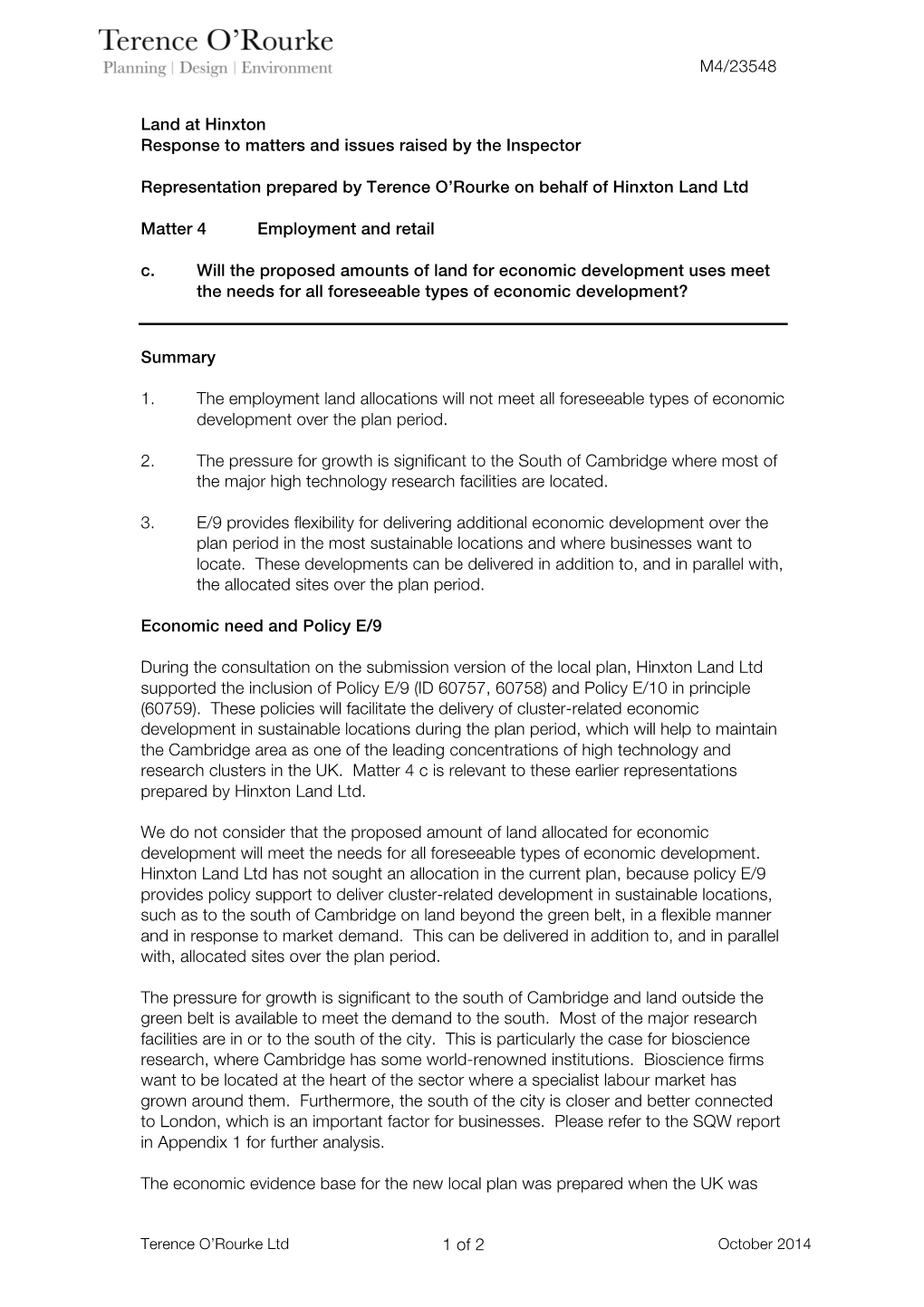 Land at Hinxton Response to Matters and Issues Raised by the Inspector