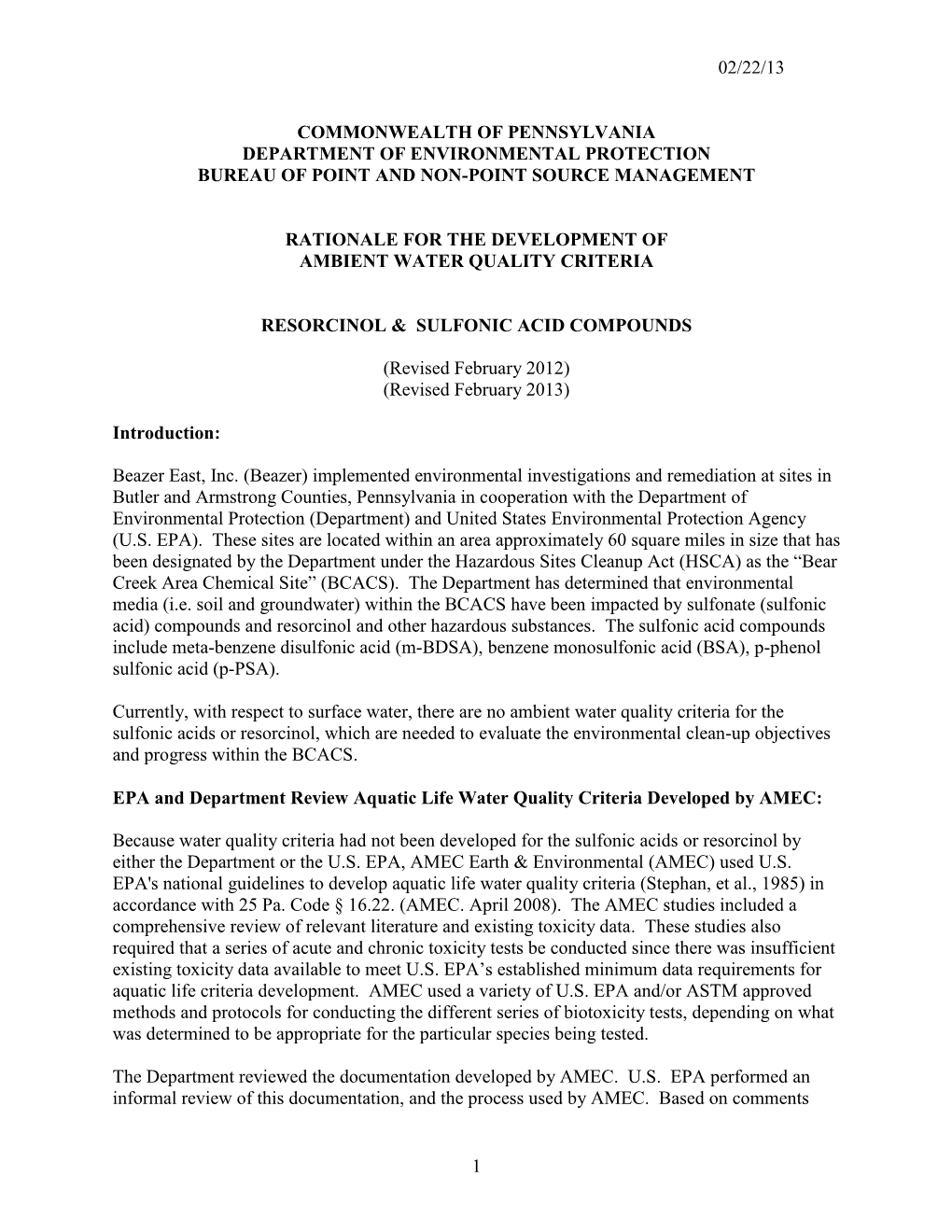 Resorcinol and Sulfonates Criteria