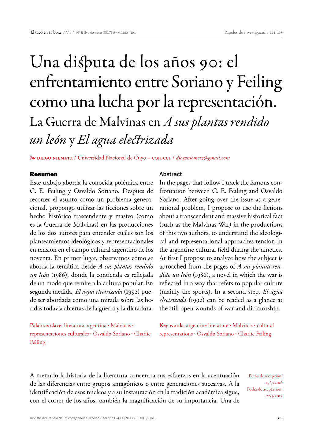 El Enfrentamiento Entre Soriano Y Feiling Como Una Lucha Por La Representación