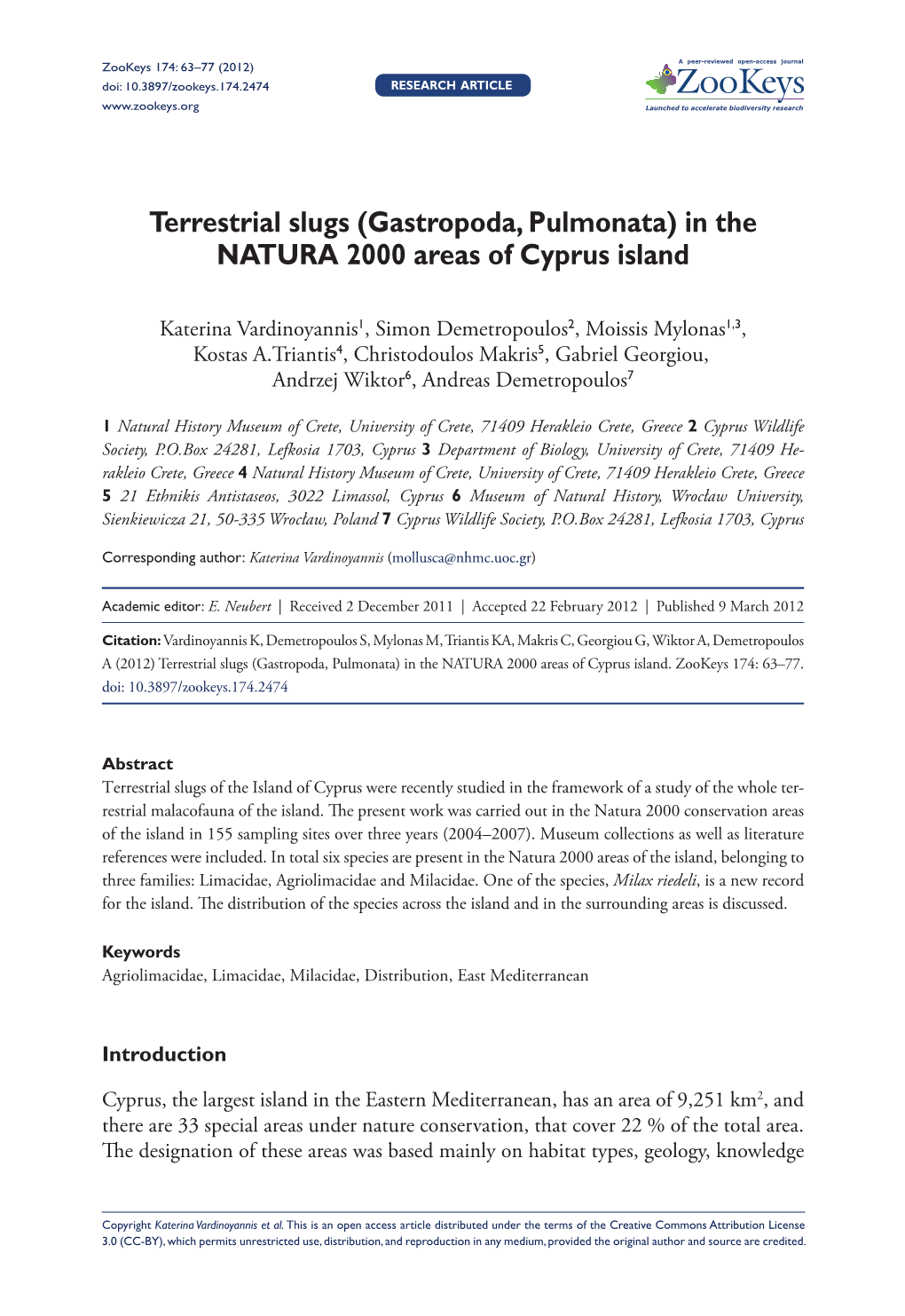 Terrestrial Slugs (Gastropoda, Pulmonata) in the NATURA 2000 Areas of Cyprus Island