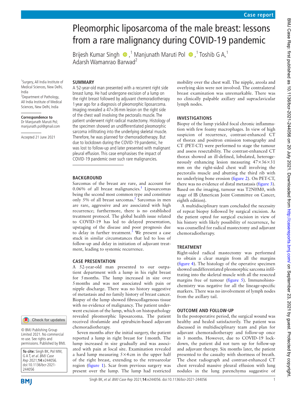 Pleomorphic Liposarcoma of the Male Breast: Lessons from a Rare