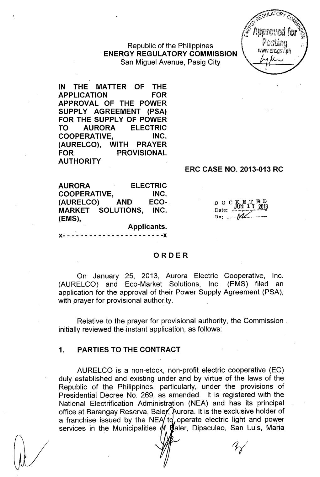 J for Republic of the Philippines ENERGY REGULATORY COMMISSION San Miguel Avenue, Pasig City