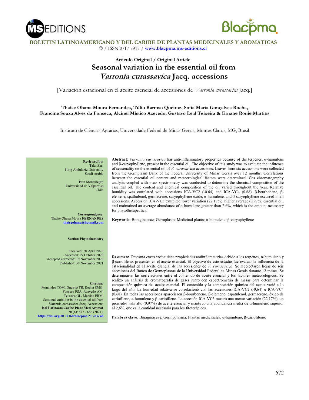 Seasonal Variation in the Essential Oil from Varronia Curassavica Jacq