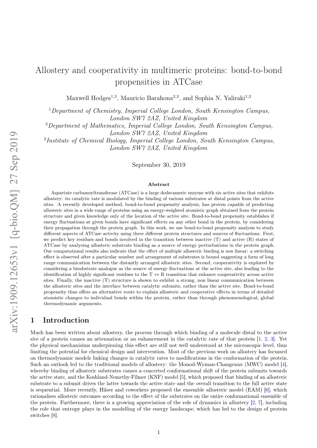 Allostery and Cooperativity in Multimeric Proteins: Bond-To-Bond Propensities in Atcase