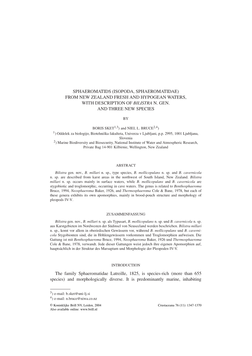 Sphaeromatids (Isopoda, Sphaeromatidae) from New Zealand Fresh and Hypogean Waters, with Description of Bilistra N