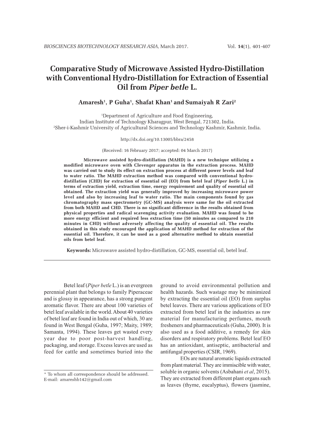 Comparative Study of Microwave Assisted Hydro-Distillation with Conventional Hydro-Distillation for Extraction of Essential Oil from Piper Betle L