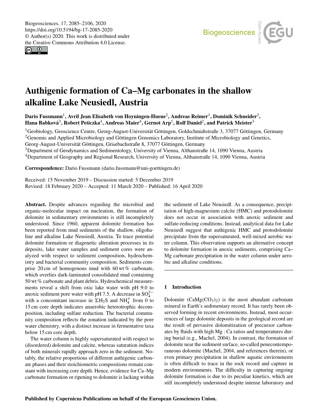 Authigenic Formation of Ca–Mg Carbonates in the Shallow Alkaline Lake Neusiedl, Austria
