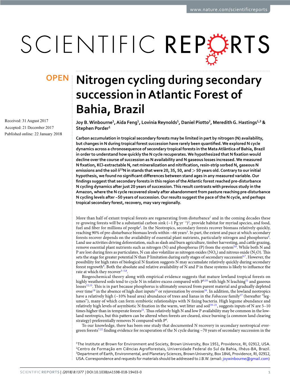 Nitrogen Cycling During Secondary Succession in Atlantic Forest of Bahia, Brazil Received: 31 August 2017 Joy B