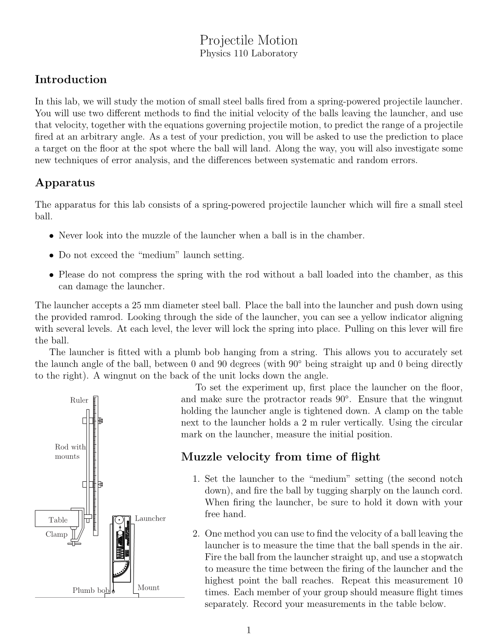 Projectile Motion Physics 110 Laboratory