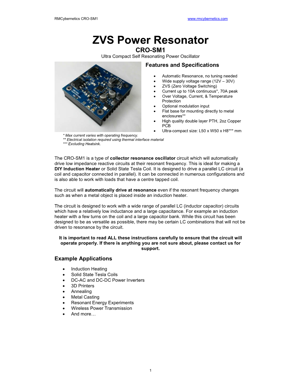 ZVS Power Resonator CRO-SM1 Ultra Compact Self Resonating Power Oscillator Features and Specifications