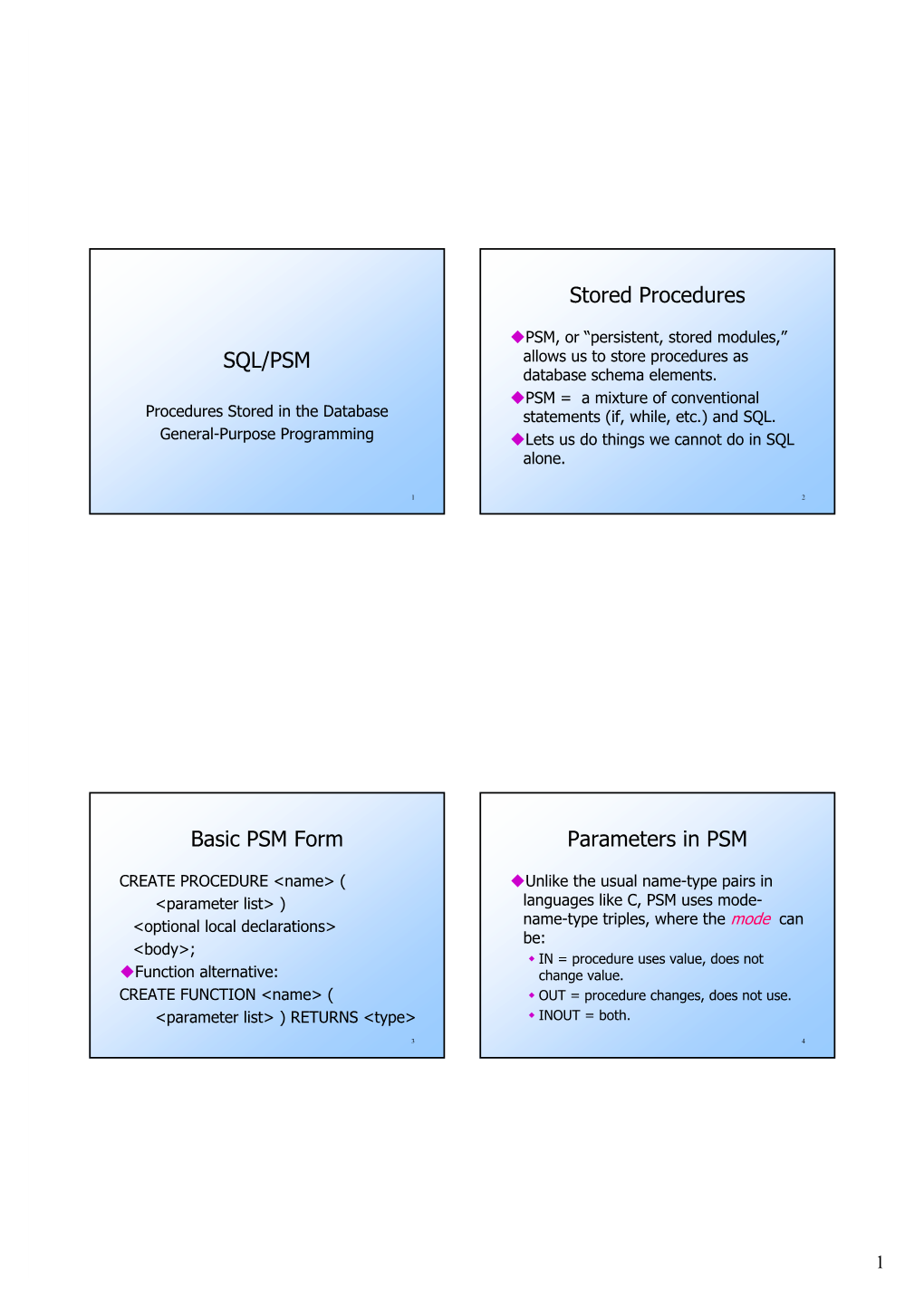 SQL/PSM Stored Procedures Basic PSM Form Parameters In