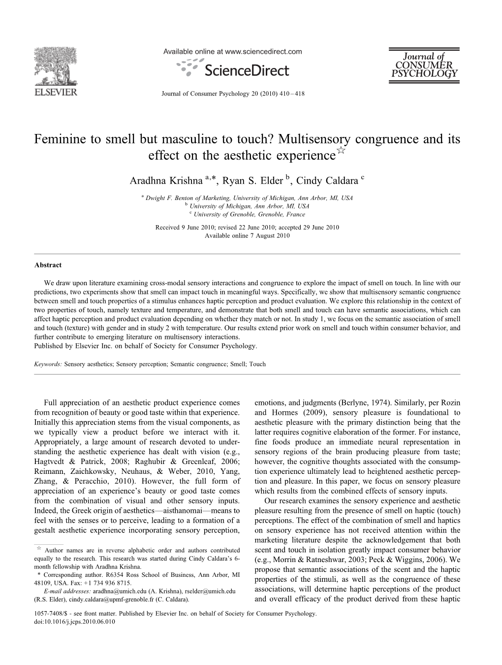 Multisensory Congruence and Its Effect on the Aesthetic Experience<Link