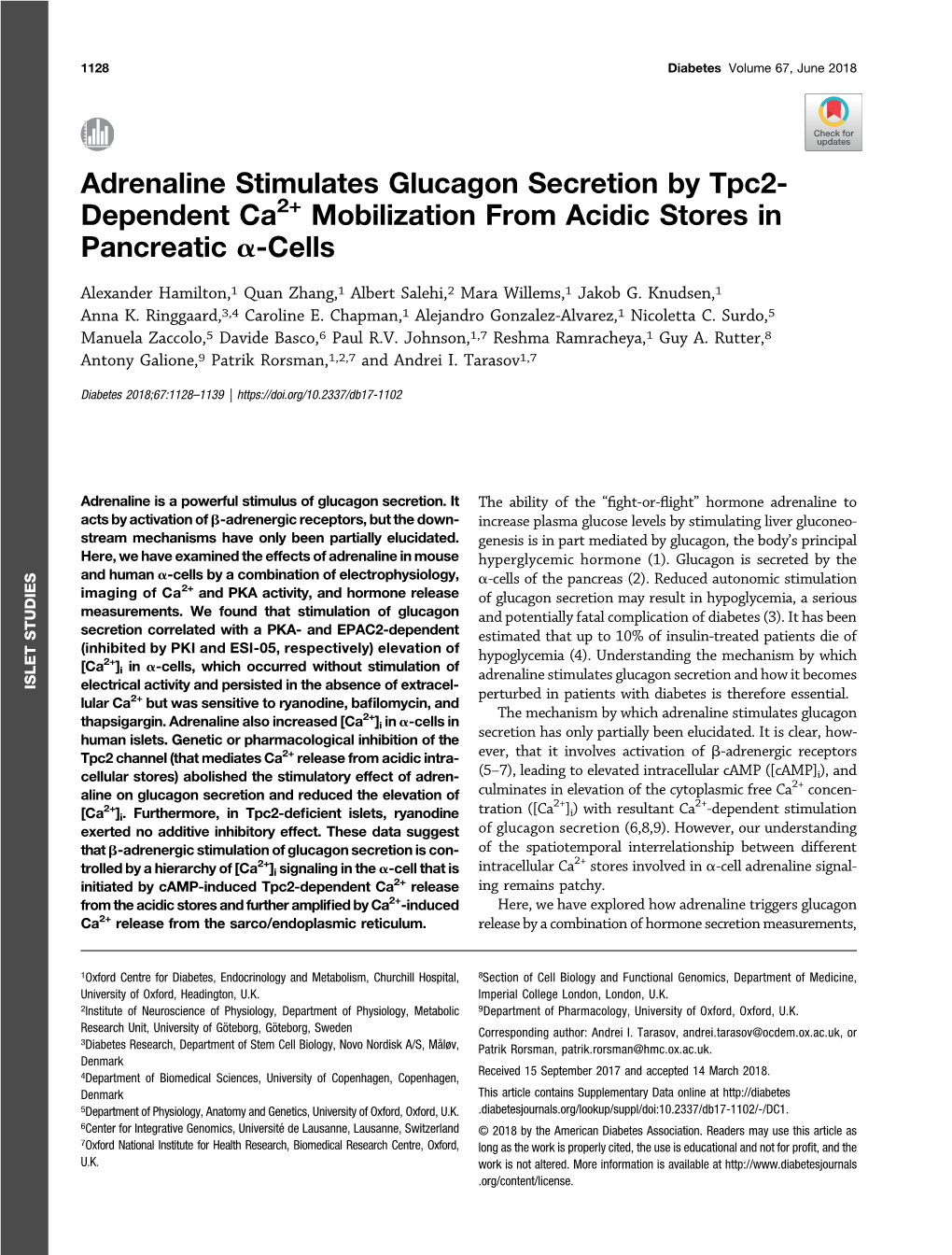 Adrenaline Stimulates Glucagon Secretion by Tpc2-Dependent