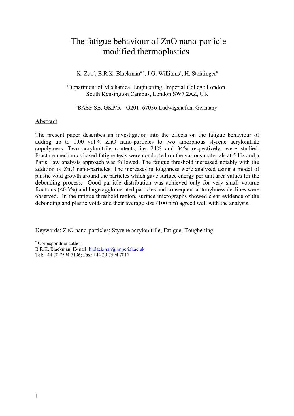 The Fatigue Behaviour of Zno Nano-Particle