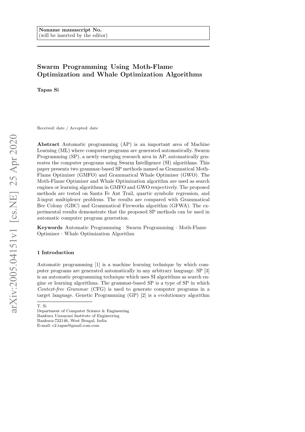 Arxiv:2005.04151V1 [Cs.NE] 25 Apr 2020