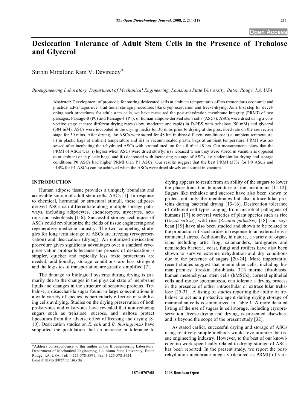 Desiccation Tolerance of Adult Stem Cells in the Presence of Trehalose and Glycerol