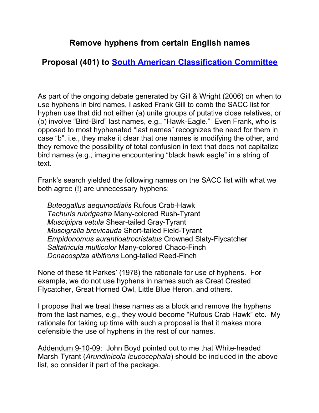 Proposal to South American Classification Committee