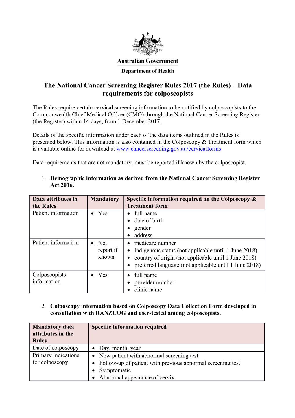 The National Cancer Screening Register Rules 2017 (The Rules) Data Requirements For