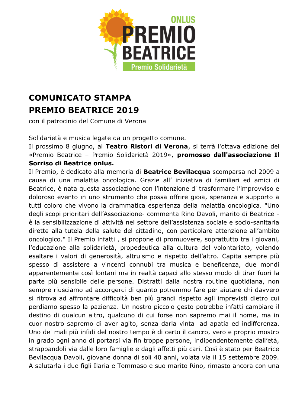 COMUNICATO STAMPA PREMIO BEATRICE 2019 Con Il Patrocinio Del Comune Di Verona