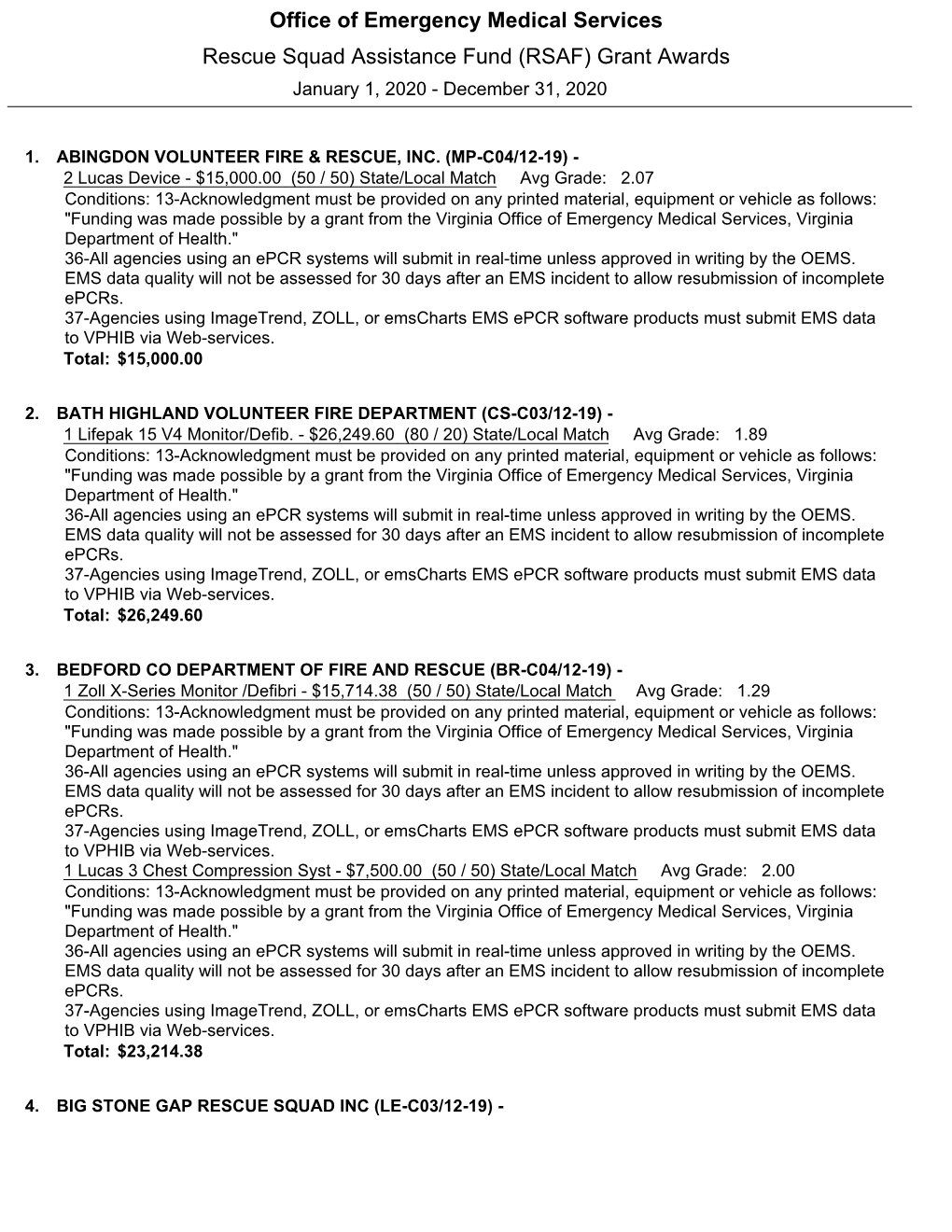 Office of Emergency Medical Services Rescue Squad Assistance Fund (RSAF) Grant Awards January 1, 2020 - December 31, 2020