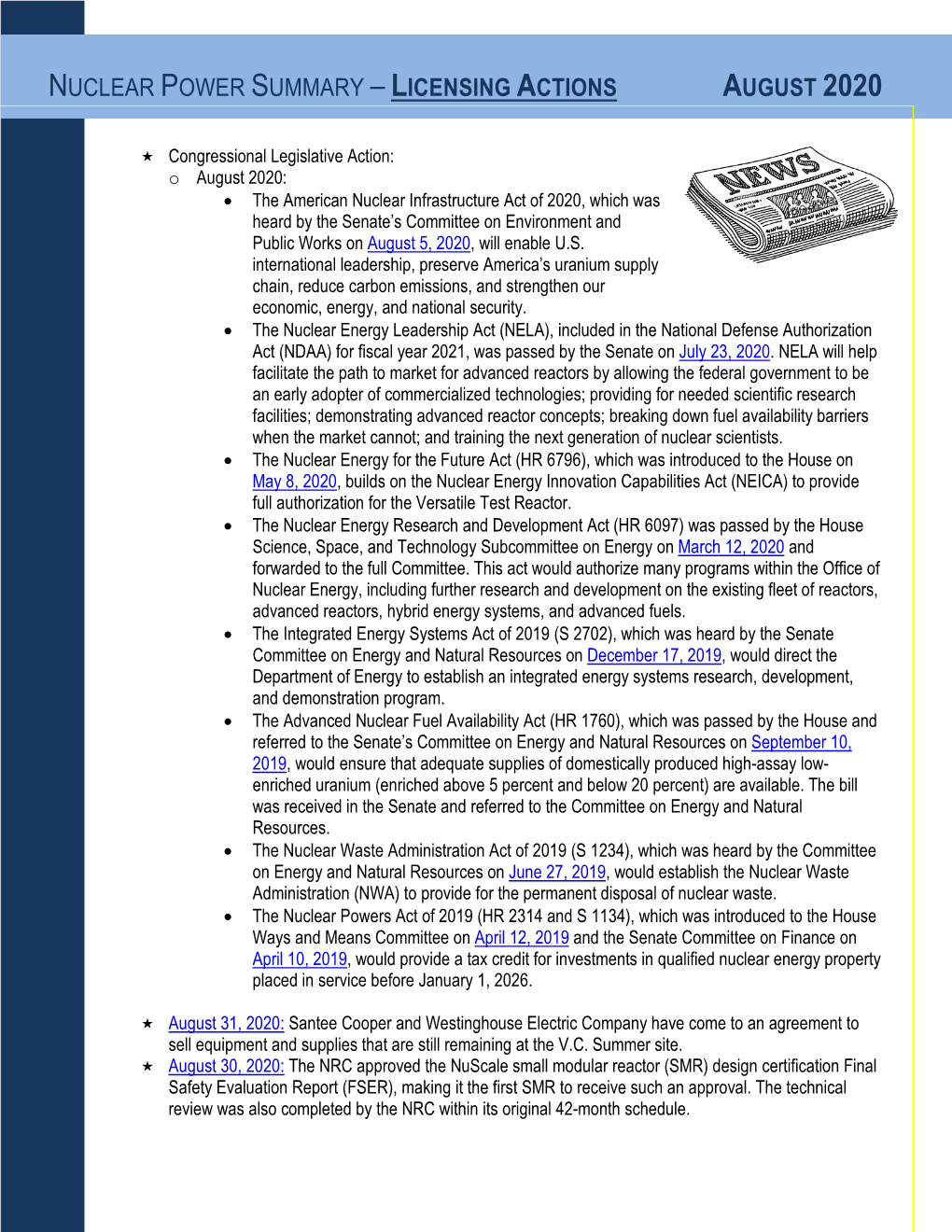 Nuclear Power Summary – Licensing Actions August 2020