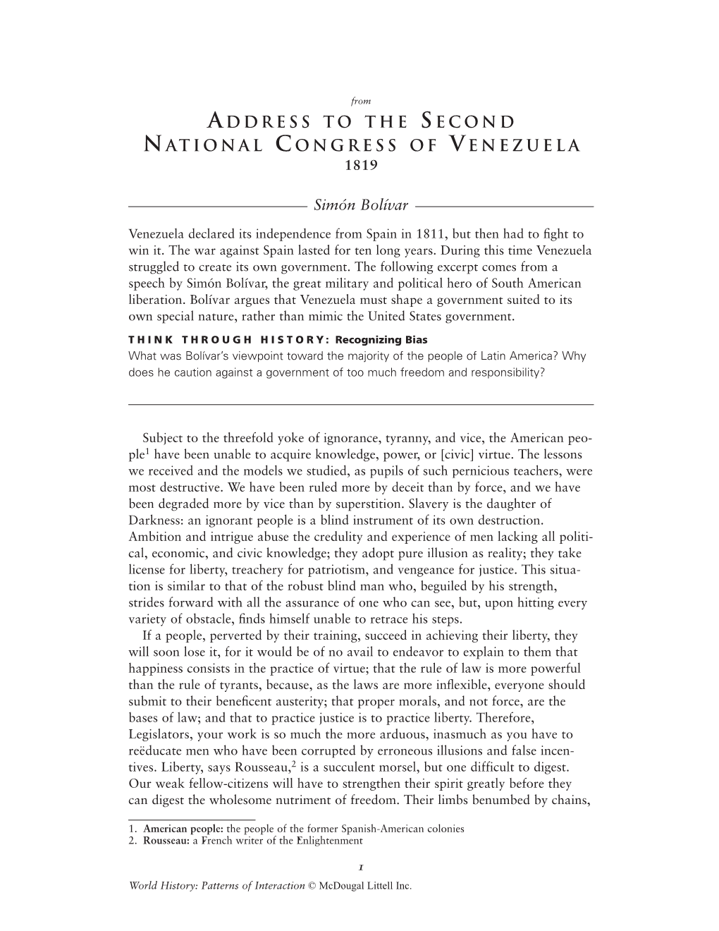 From Address to the Second National Congress of Venezuela