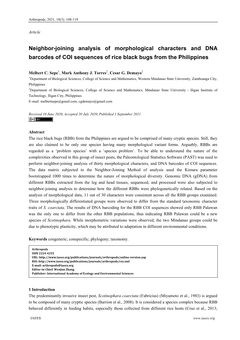 Neighbor-Joining Analysis of Morphological Characters and DNA Barcodes of COI Sequences of Rice Black Bugs from the Philippines