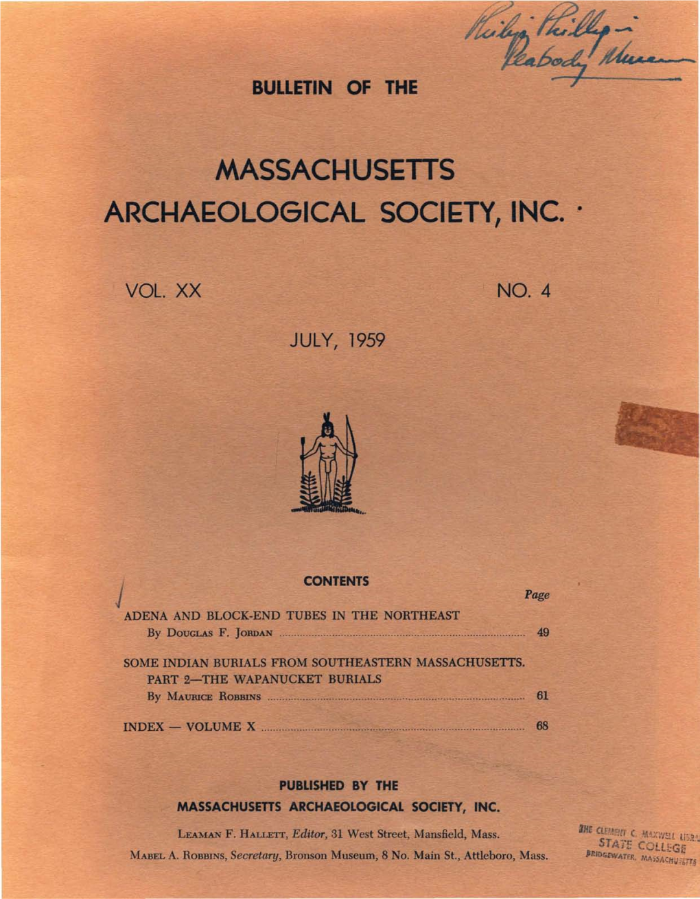 Bulletin of the Massachusetts Archaeological Society, Vol. 20, No