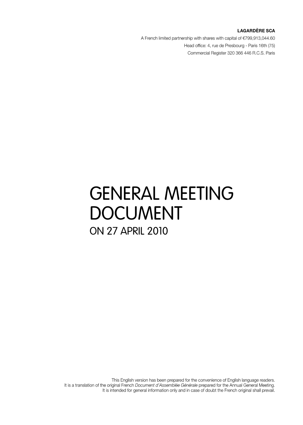 GENERAL MEETING DOCUMENT on 27 April 2010