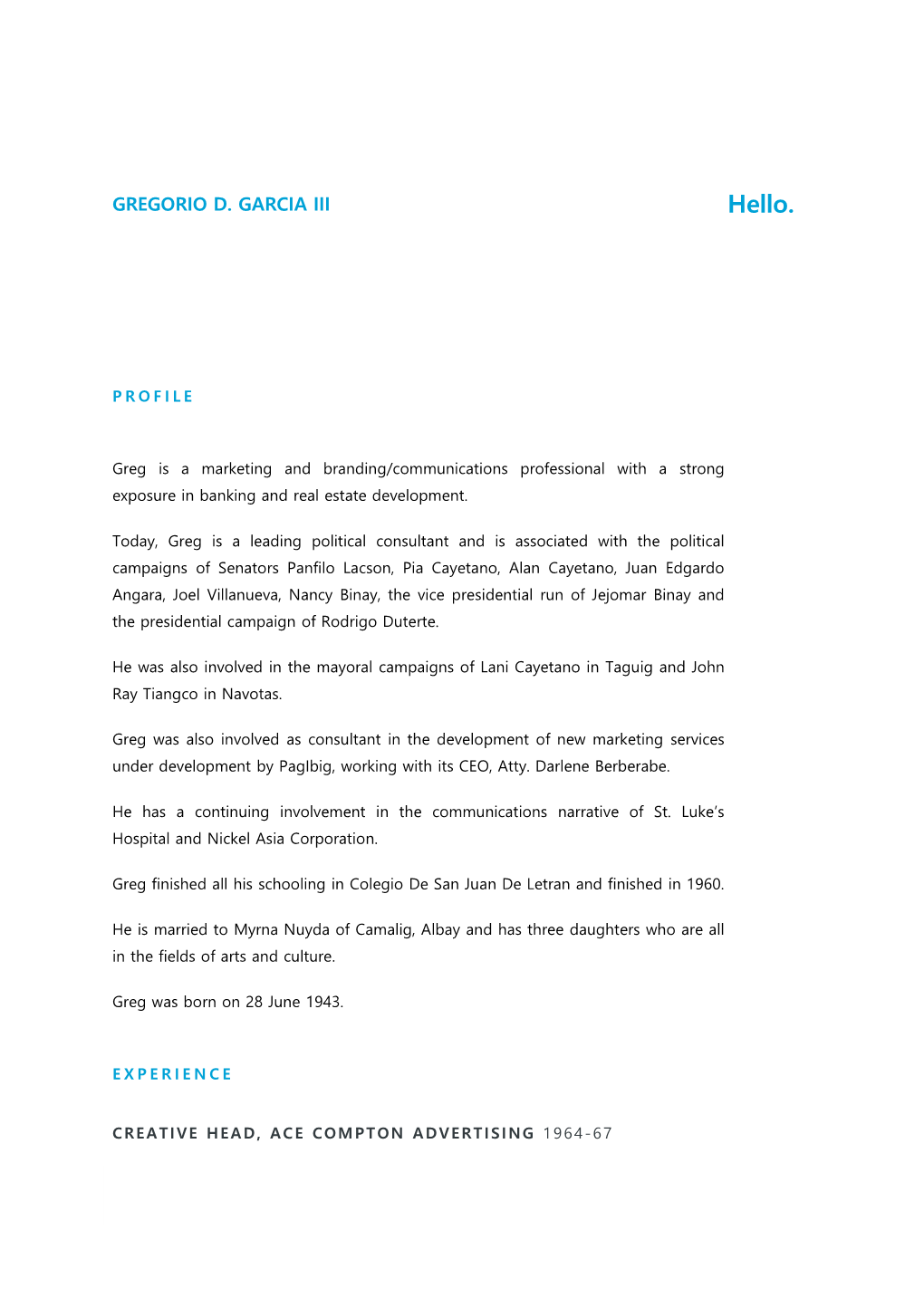 Resume of Chairman Gregorio D. Garcia