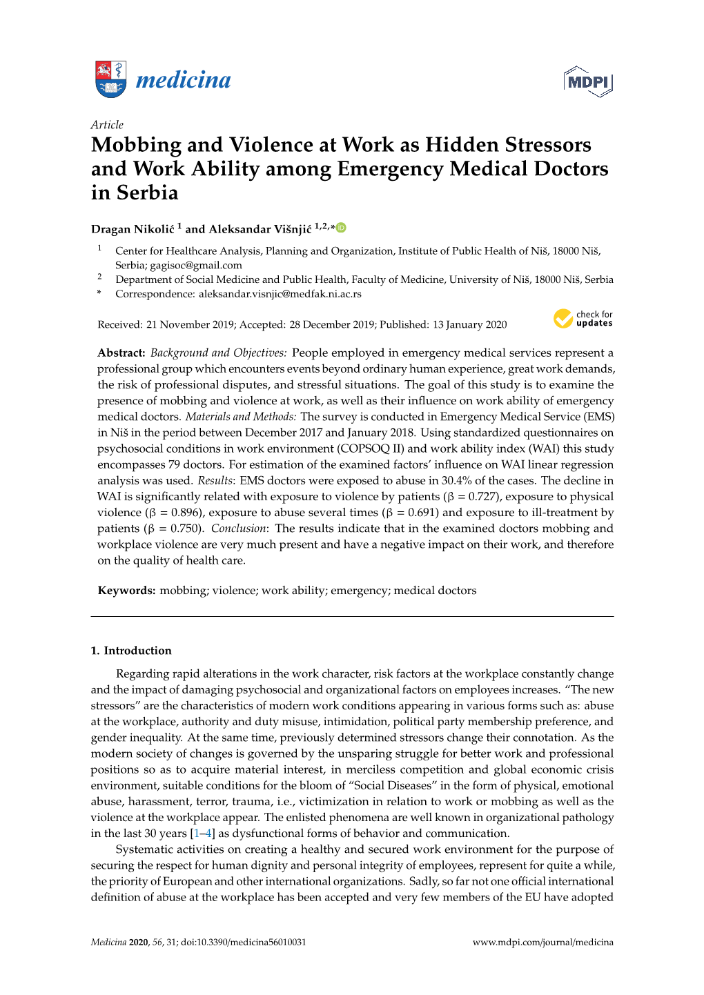 Mobbing and Violence at Work As Hidden Stressors and Work Ability Among Emergency Medical Doctors in Serbia