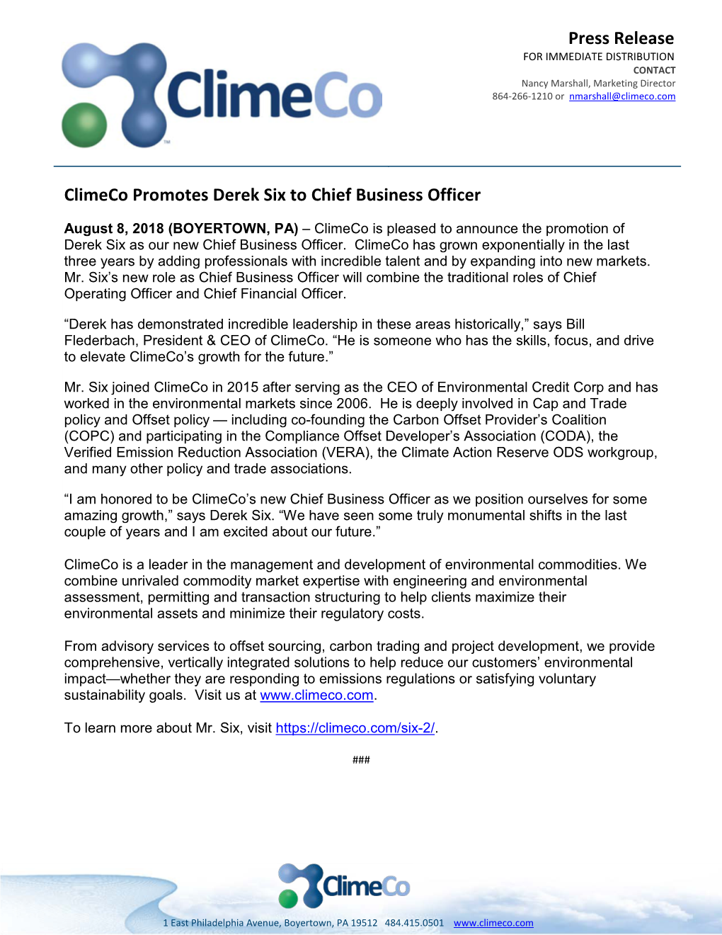 Press Release Climeco Promotes Derek Six to Chief Business Officer