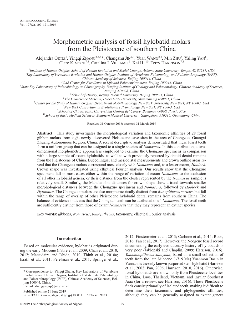 Morphometric Analysis of Fossil Hylobatid Molars from the Pleistocene of Southern China