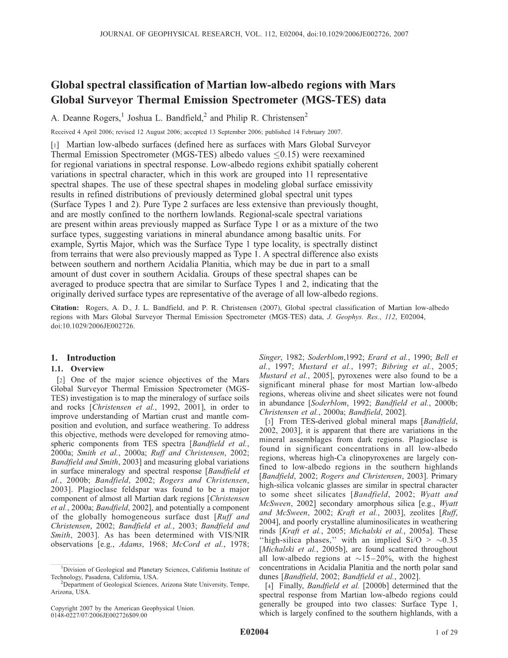 Global Spectral Classification of Martian Low-Albedo Regions with Mars Global Surveyor Thermal Emission Spectrometer (MGS-TES) Data A