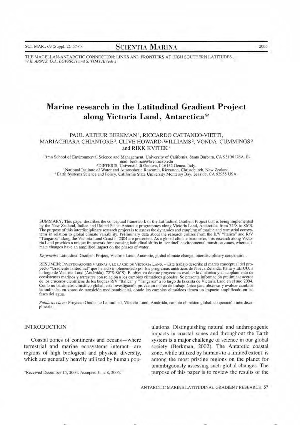 Marine Research in the Latitudinal Gradient Project Along Victoria Land, Antarctica*