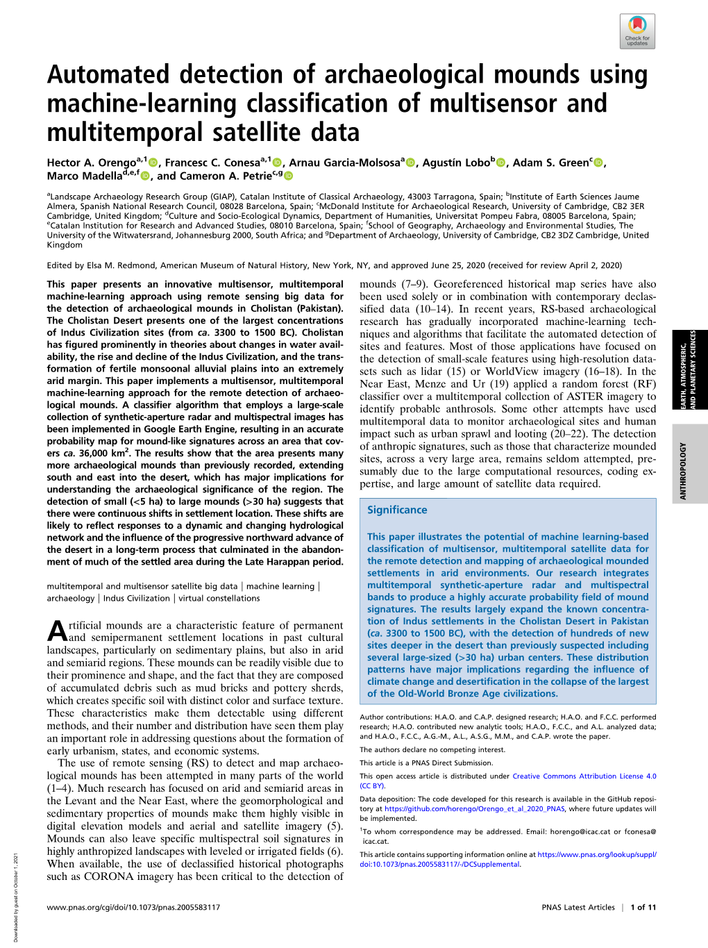 Automated Detection of Archaeological Mounds Using Machine-Learning Classification of Multisensor and Multitemporal Satellite Data