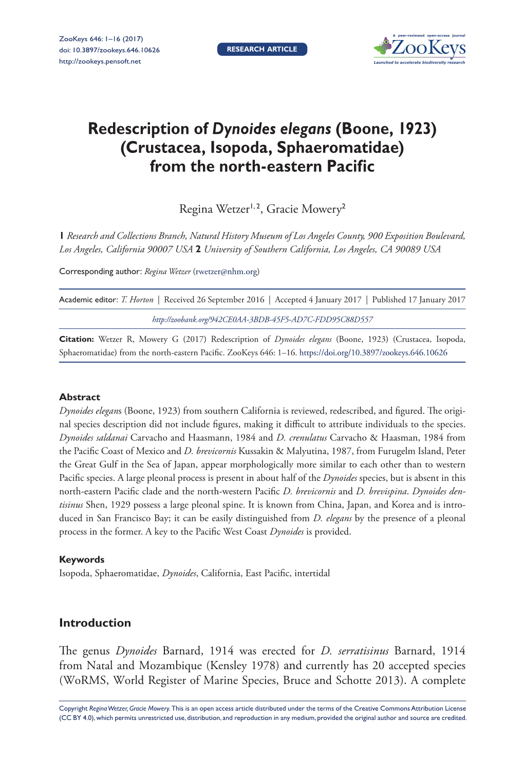 ﻿Redescription of Dynoides Elegans (Boone, 1923) (Crustacea, Isopoda