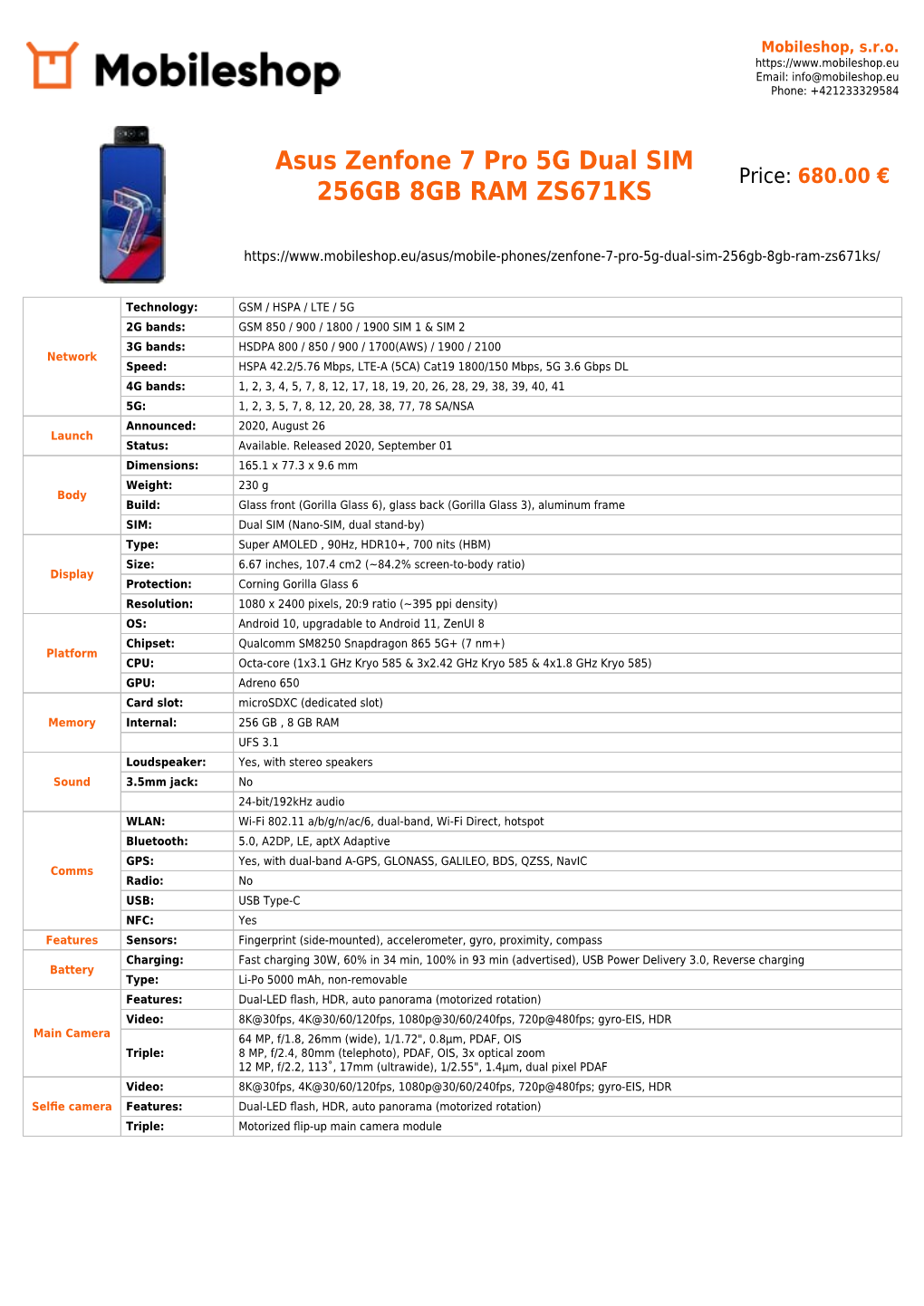 Asus Zenfone 7 Pro 5G Dual SIM 256GB 8GB RAM ZS671KS