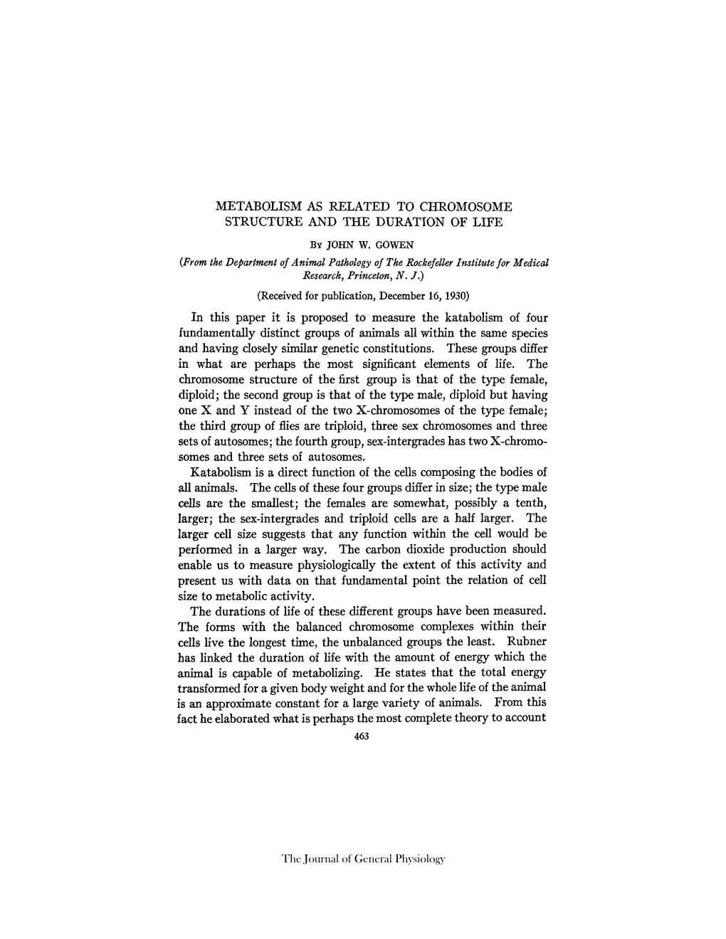 Metabolism As Related to Chromosome Structure and the Duration of Life by John W